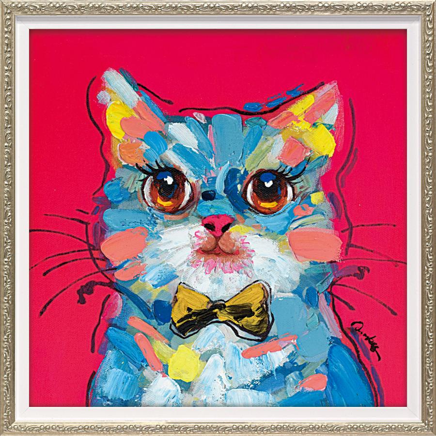 油絵 菅家令子 絵 絵画インテリア額付(青緑＋金色の枠) F6-071019 猫