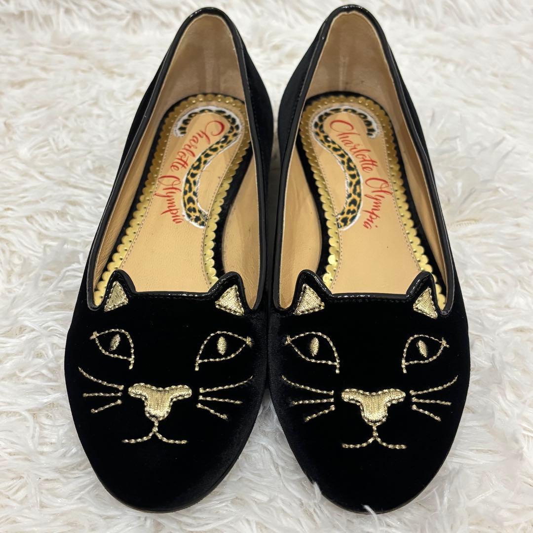 極美品] シャルロットオリンピア ベロア 猫モチーフ 刺繍 フラット