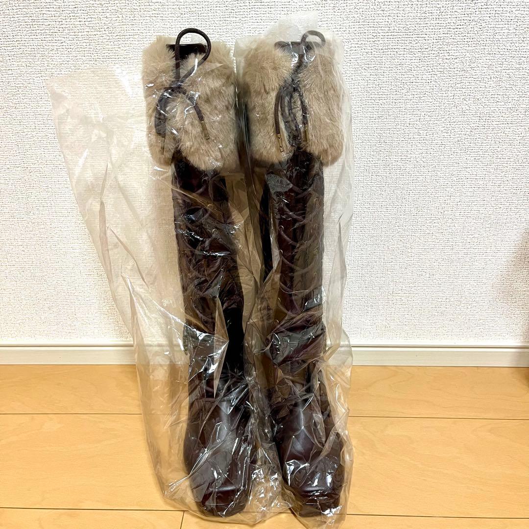 しまむら×クラロリくる実 ファー付き編み上げロングブーツ ブラウン L